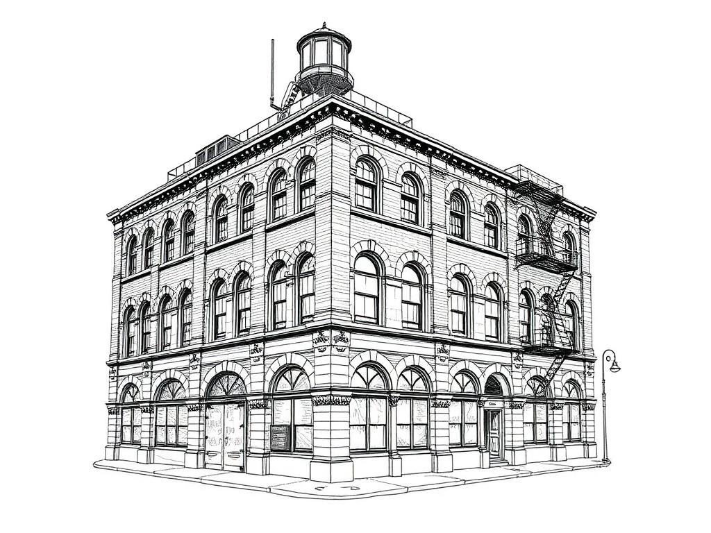 Ink sketch of a Brooklyn loft building