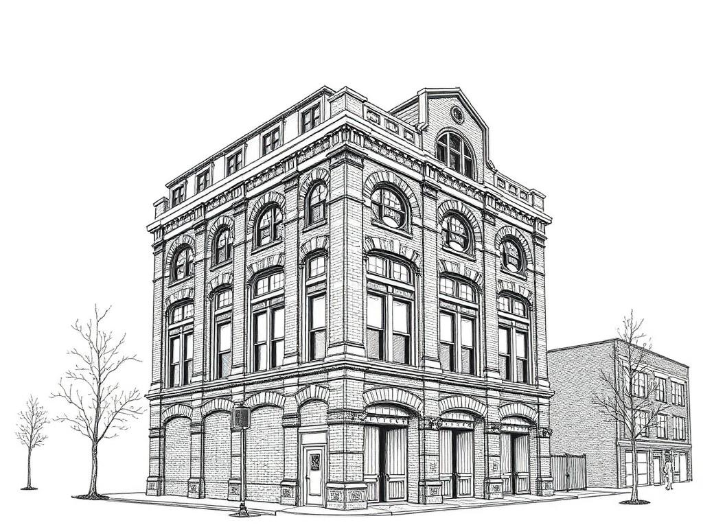 Ink sketch of a Bushwick brewery masonry building